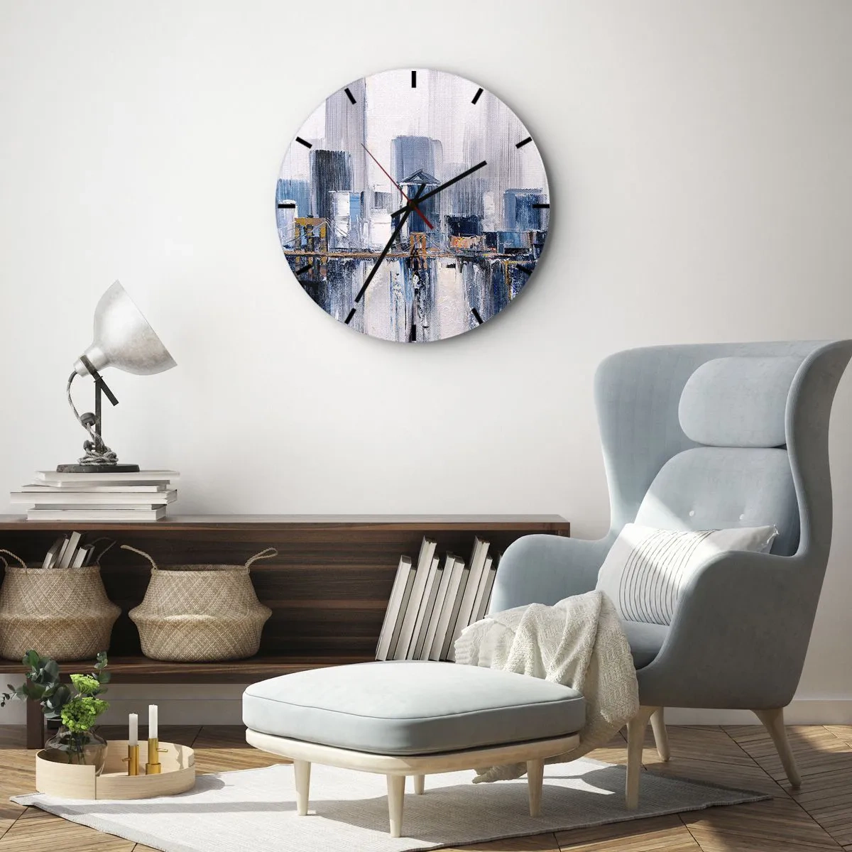 Reloj de pared - Reloj de vidrio - Panorama impresionista de la ciudad con rascacielos y un puente. - 30x30cm - Impresión neoyorquina - Decoración de pared moderna para salón, cocina y dormitorio ARTTOR