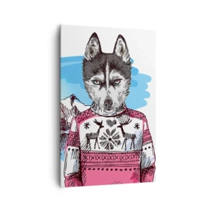 Cuadro sobre lienzo - Impresión de Imagen - Un lobo con un suéter de invierno frente a un paisaje montañoso. - 80x120cm - Un lobo con piel de cordero - Decoración de pared moderna para salón y dormitorio ARTTOR