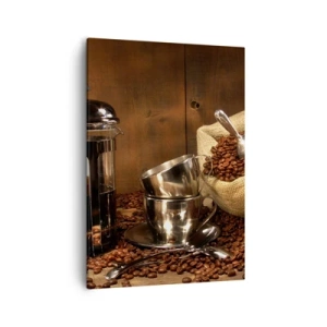 Cuadro sobre lienzo - Impresión de Imagen - Prensa francesa, tazas y una bolsa de café sobre un fondo de madera. - 50x70cm - El embrujo del café: aroma y sabor - Decoración de pared moderna para salón y dormitorio ARTTOR