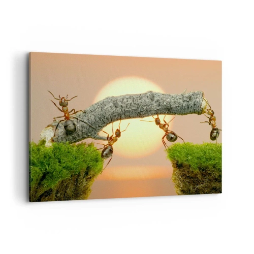 Cuadro sobre lienzo - Impresión de Imagen - Hormigas construyendo un puente de ramas con el sol poniente como telón de fondo. - 100x70cm - Trabajar juntos con alegría - Decoración de pared moderna para salón y dormitorio ARTTOR