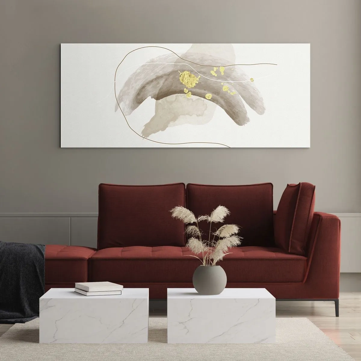 Cuadro sobre vidrio - Impresiones sobre Vidrio - Una composición abstracta en tonos beige y dorado. - 140x50cm - Encontrado en el espacio - Decoración de pared moderna para salón y dormitorio ARTTOR
