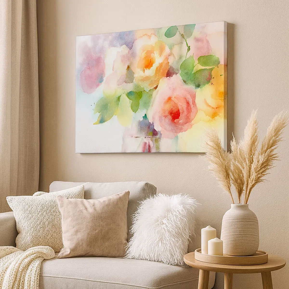 Cuadro sobre lienzo - Impresión de Imagen - Delicadas rosas estilo acuarela sobre un fondo claro. - 70x50cm - Delicado como una acuarela - Decoración de pared moderna para salón y dormitorio ARTTOR