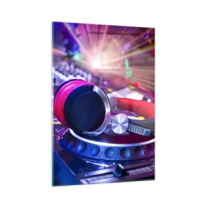 Cuadro sobre vidrio - Impresiones sobre Vidrio - Equipo de DJ con luces de colores y auriculares. - 50x70cm - Empieza la fiesta - Decoración de pared moderna para salón y dormitorio ARTTOR