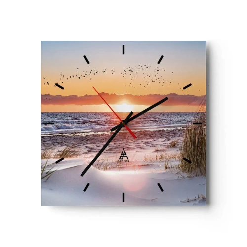 Reloj de pared - Reloj de vidrio - Puesta de sol sobre el mar con vistas a las dunas - 30x30cm - Paisaje horizontal - Decoración de pared moderna para salón y dormitorio ARTTOR