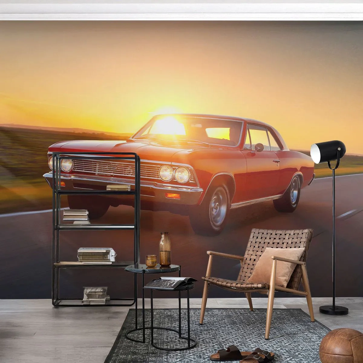 Fotomural Premium Sand - Coche clásico en la carretera al atardecer - 100x70cm - El deseo es rojo - Decoración de pared moderna para salón y dormitorio ARTTOR