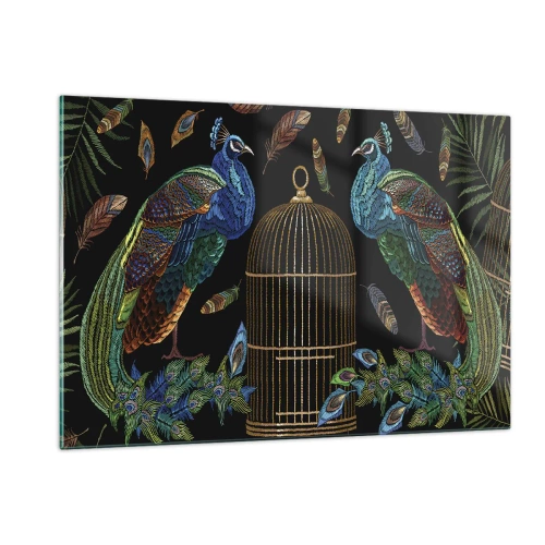 Cuadro sobre vidrio - Impresiones sobre Vidrio - Pavos reales coloridos y una jaula sobre un fondo negro - 120x80cm - Con plumajes reales - Decoración de pared moderna para salón y dormitorio ARTTOR