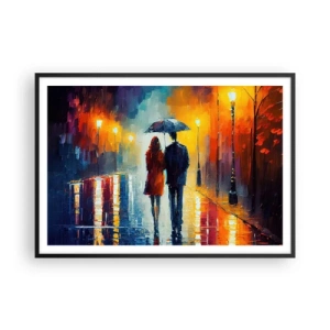 Póster en marco negro - Una pareja bajo un paraguas caminando por una colorida ciudad nocturna. - 100x70cm - Juntos en una noche llena de color - Decoración de pared moderna para salón y dormitorio ARTTOR