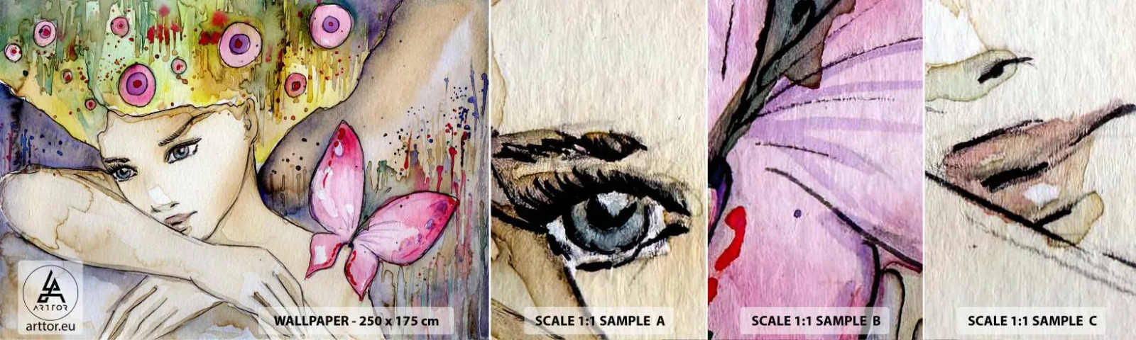 Muestra de fotomural autoadhesivo Deluxe Sticker - Una princesa mariposa - Abstracción, Mujer, acuarelas - 100x30 cm