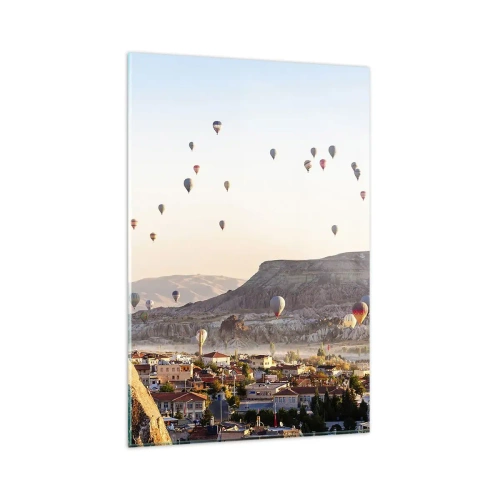 Cuadro sobre vidrio - Impresiones sobre Vidrio - Capadocia con globos con el telón de fondo de pintorescas colinas. - 80x120cm - Surcando los cielos - Decoración de pared moderna para salón y dormitorio ARTTOR