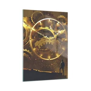 Cuadro sobre vidrio - Impresiones sobre Vidrio - Engranajes steampunk dorados con retroiluminación sobre una silueta humana - 50x70cm - En la fuente del tiempo - Decoración de pared moderna para salón y dormitorio ARTTOR