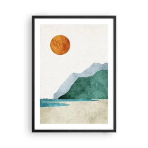 Póster en marco negro - Paisaje de montaña minimalista con playa y sol. - 50x70cm - Un paisaje como debe ser - Decoración de pared moderna para salón y dormitorio ARTTOR