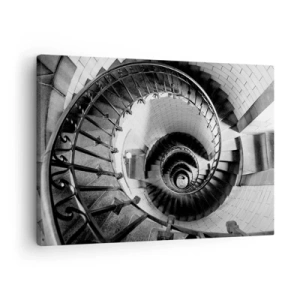Cuadro sobre lienzo - Impresión de Imagen - Fotografía en blanco y negro de una escalera de caracol con perspectiva de arriba hacia abajo. - 70x50cm - Cada vez más alto - Decoración de pared moderna para salón y dormitorio ARTTOR