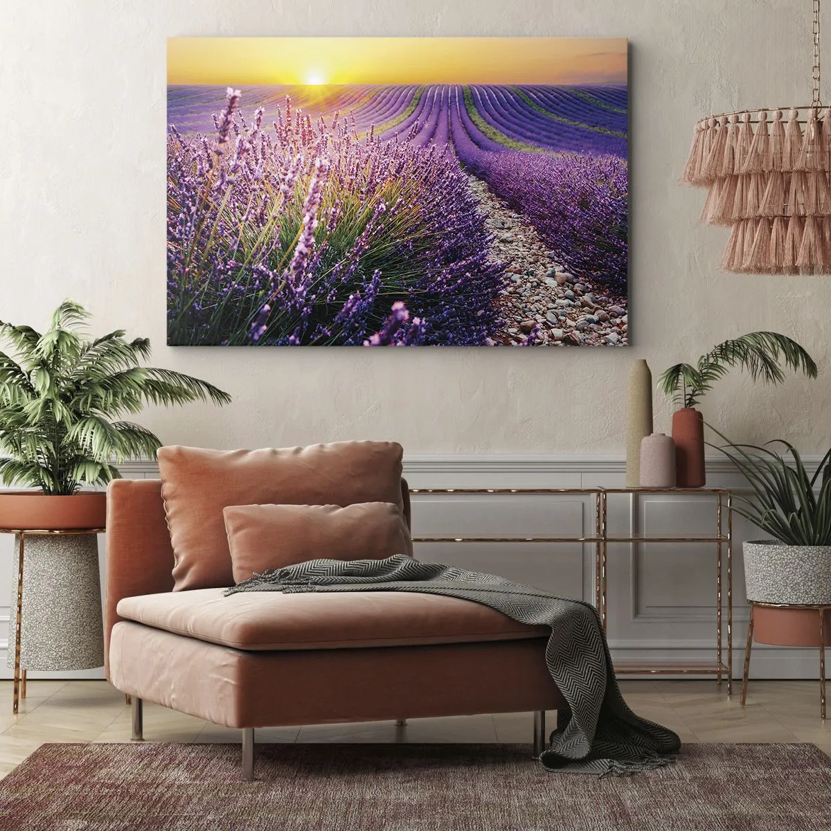 Cuadro sobre lienzo - Impresión de Imagen - Campo de lavanda al atardecer - 120x80cm - Pradera fragante - Decoración de pared moderna para salón y dormitorio ARTTOR