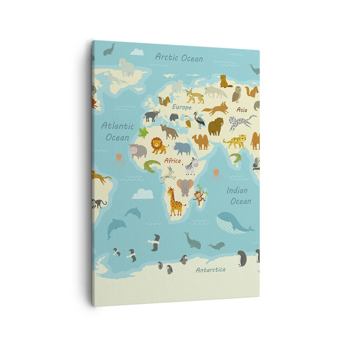 Cuadro sobre lienzo - Impresión de Imagen - Mapa del mundo con ilustraciones de animales - 50x70cm - Buenos vecinos - Decoración de pared moderna para salón y dormitorio ARTTOR