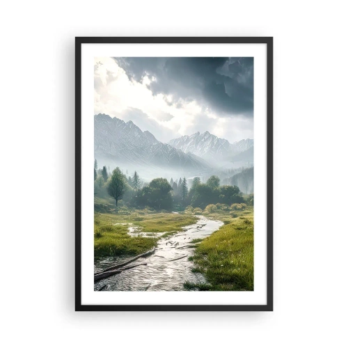 Póster en marco negro - Un valle montañoso con un río y majestuosas montañas al fondo. - 50x70cm - De ida y vuelta - Decoración de pared moderna para salón y dormitorio ARTTOR