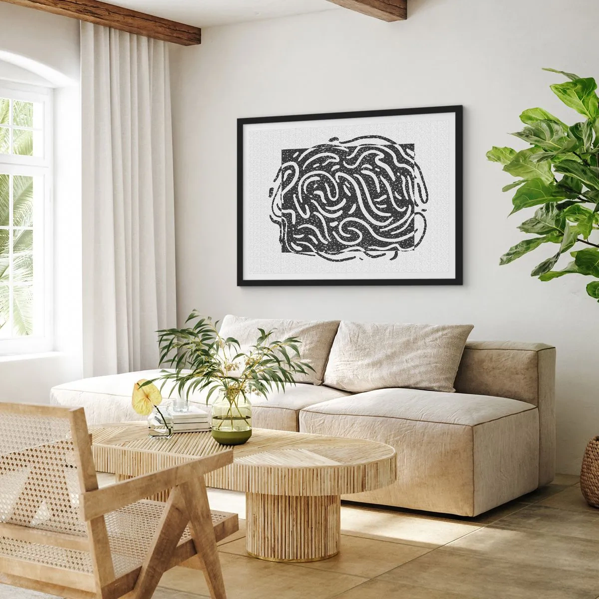 Póster en marco negro - Abstracción en blanco y negro en estilo geométrico. - 70x50cm - Abstracción: una danza de alegría - Decoración de pared moderna para salón y dormitorio ARTTOR