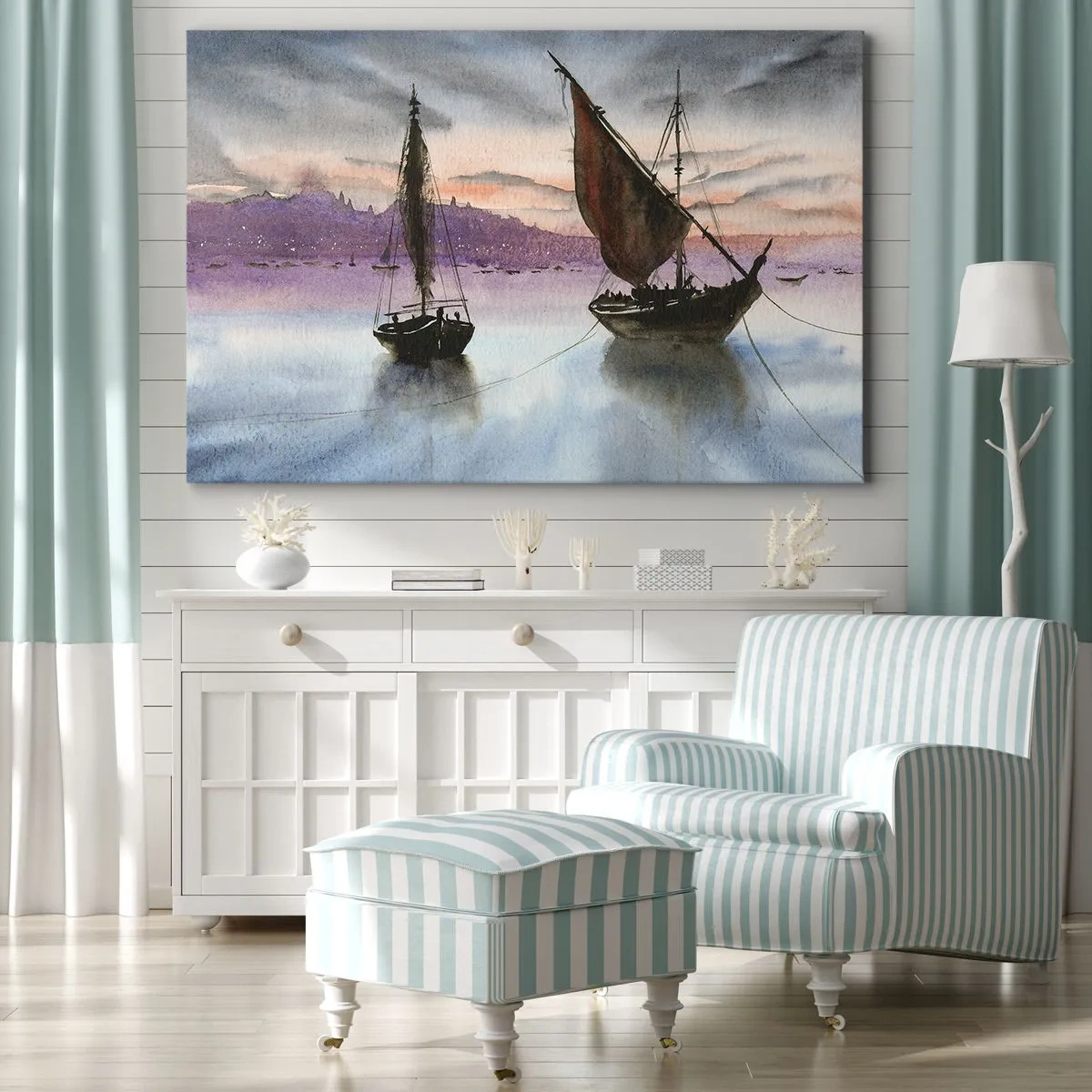 Cuadro sobre lienzo - Impresión de Imagen - Dos veleros amarrados en aguas tranquilas al anochecer - 120x80cm - Atardecer en el puerto - Decoración de pared moderna para salón y dormitorio ARTTOR