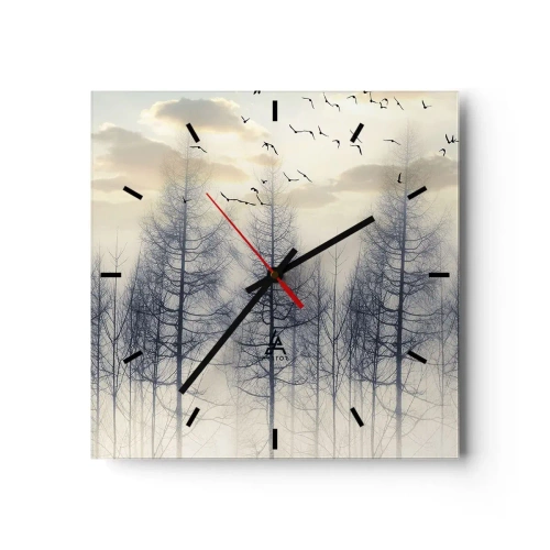 Reloj de pared - Reloj de vidrio - Bosque brumoso con pájaros contra el cielo del atardecer - 30x30cm - Espíritus del bosque - Decoración de pared moderna para salón y dormitorio ARTTOR