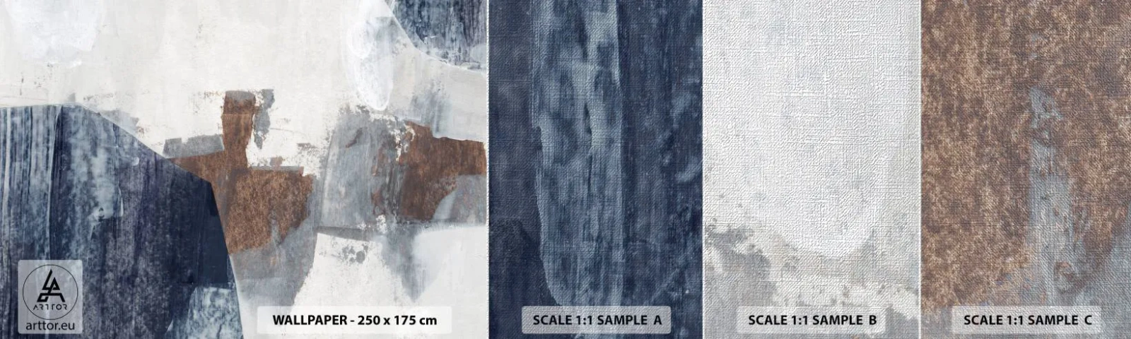 Muestra de fotomural Premium Canvas - Formas azules y marrones - Pedazo, Abstracción, Minimalismo - 100x30 cm