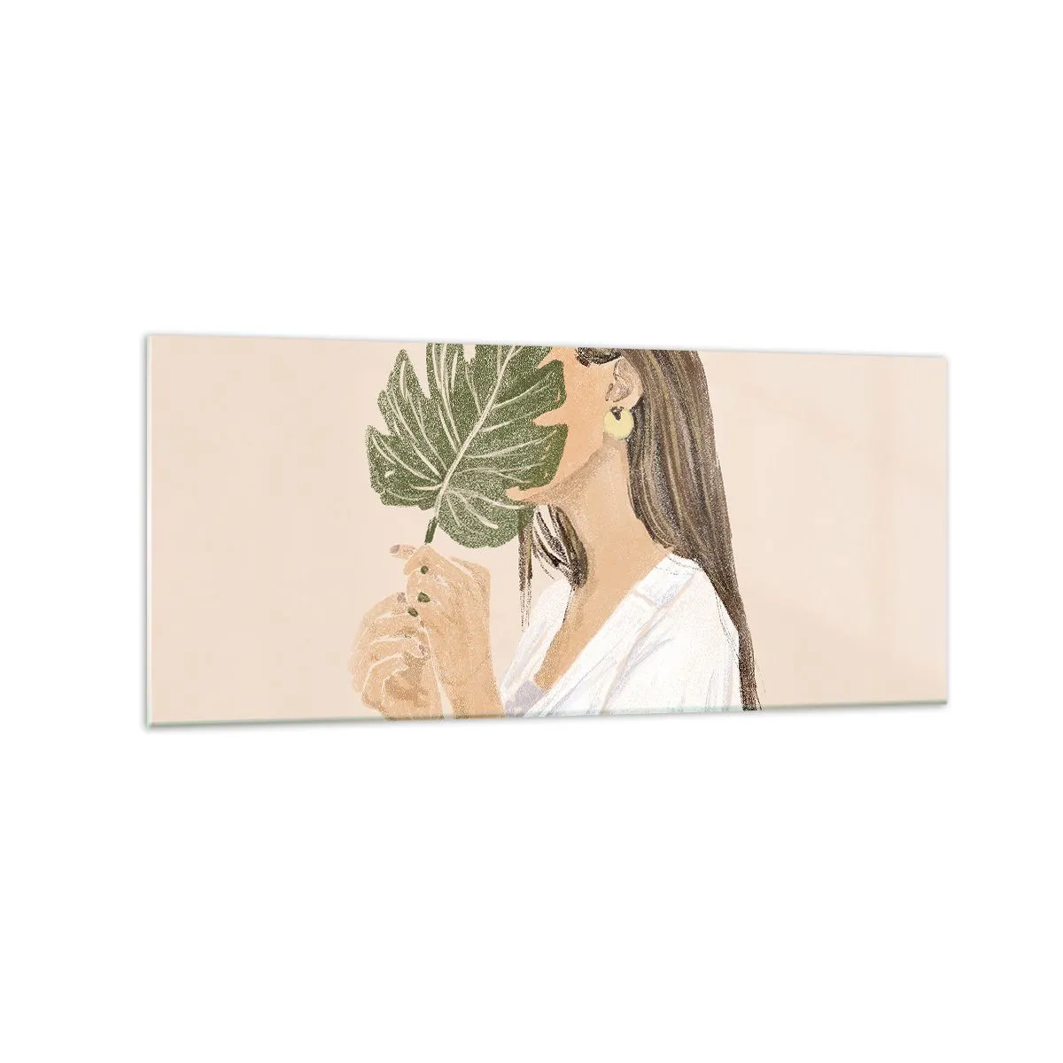 Cuadro sobre vidrio - Impresiones sobre Vidrio - Retrato de una mujer con una hoja de monstera sobre un fondo beige. - 120x50cm - Retrato misterioso con un abanico - Decoración de pared moderna para salón y dormitorio ARTTOR