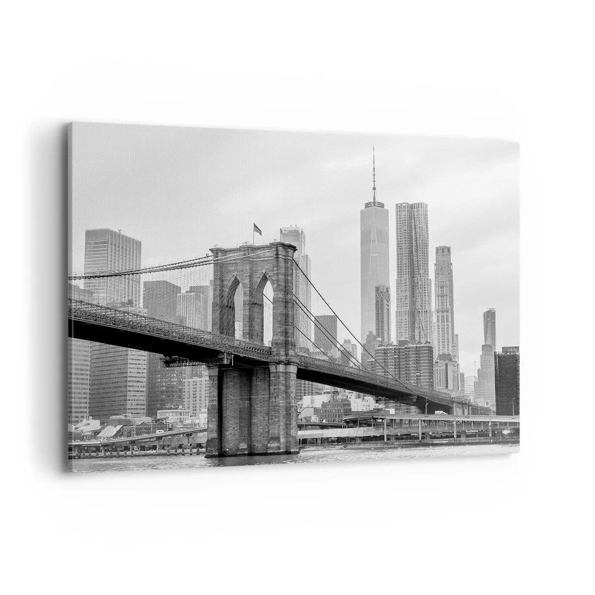 Cuadro sobre lienzo - Impresión de Imagen - Puente de Brooklyn con rascacielos de Nueva York al fondo - 120x80cm - Vibraciones de Nueva York - Decoración de pared moderna para salón y dormitorio ARTTOR