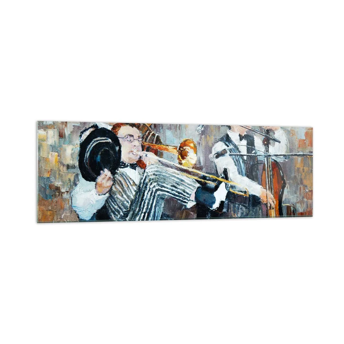 Cuadro sobre vidrio - Impresiones sobre Vidrio - Músicos de jazz en estilo pictórico durante un concierto. - 160x50cm - Todo ese jazz - Decoración de pared moderna para salón y dormitorio ARTTOR