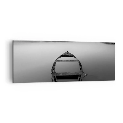 Cuadro sobre lienzo - Impresión de Imagen - Un barco solitario en un lago tranquilo en tonos blanco y negro. - 140x50cm - Anhelo y melancolía - Decoración de pared moderna para salón y dormitorio ARTTOR