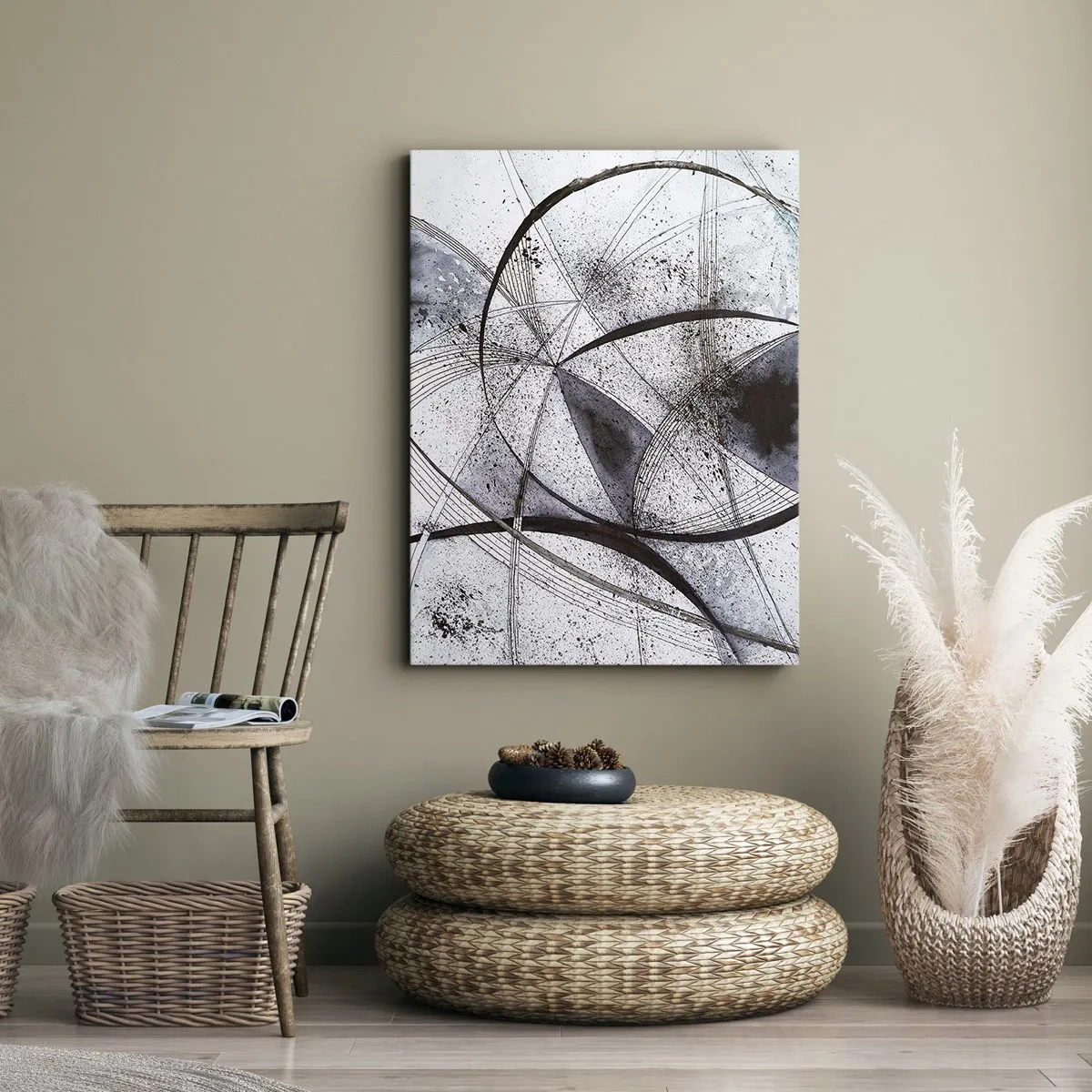 Cuadro sobre lienzo - Impresión de Imagen - Líneas y formas abstractas en tonos de gris y negro. - 50x70cm - Fantasía futurista - Decoración de pared moderna para salón y dormitorio ARTTOR