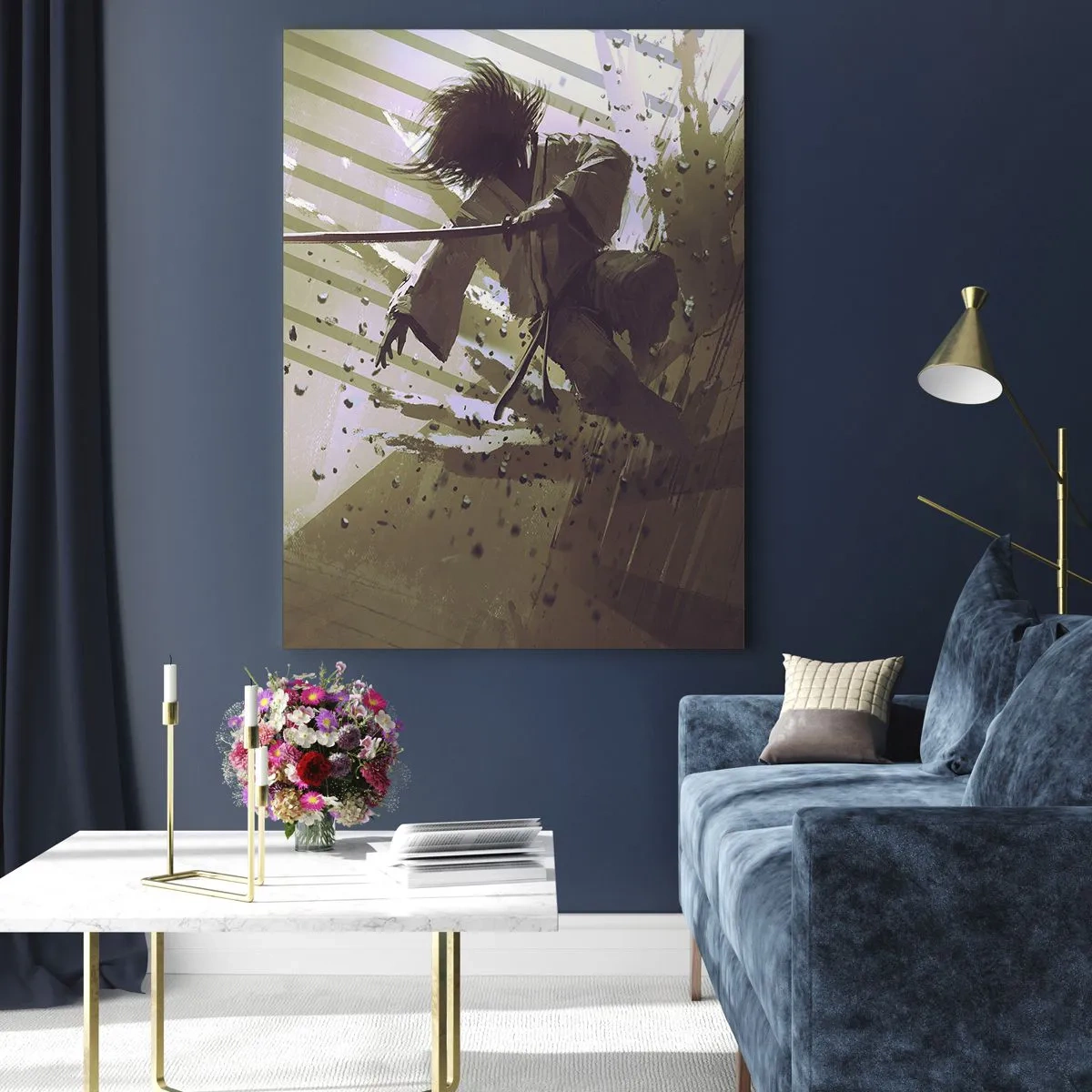 Cuadro sobre vidrio - Impresiones sobre Vidrio - Lucha dinámica entre dos personajes en estilo futurista. - 70x100cm - Y puedes ser un samurai - Decoración de pared moderna para salón y dormitorio ARTTOR