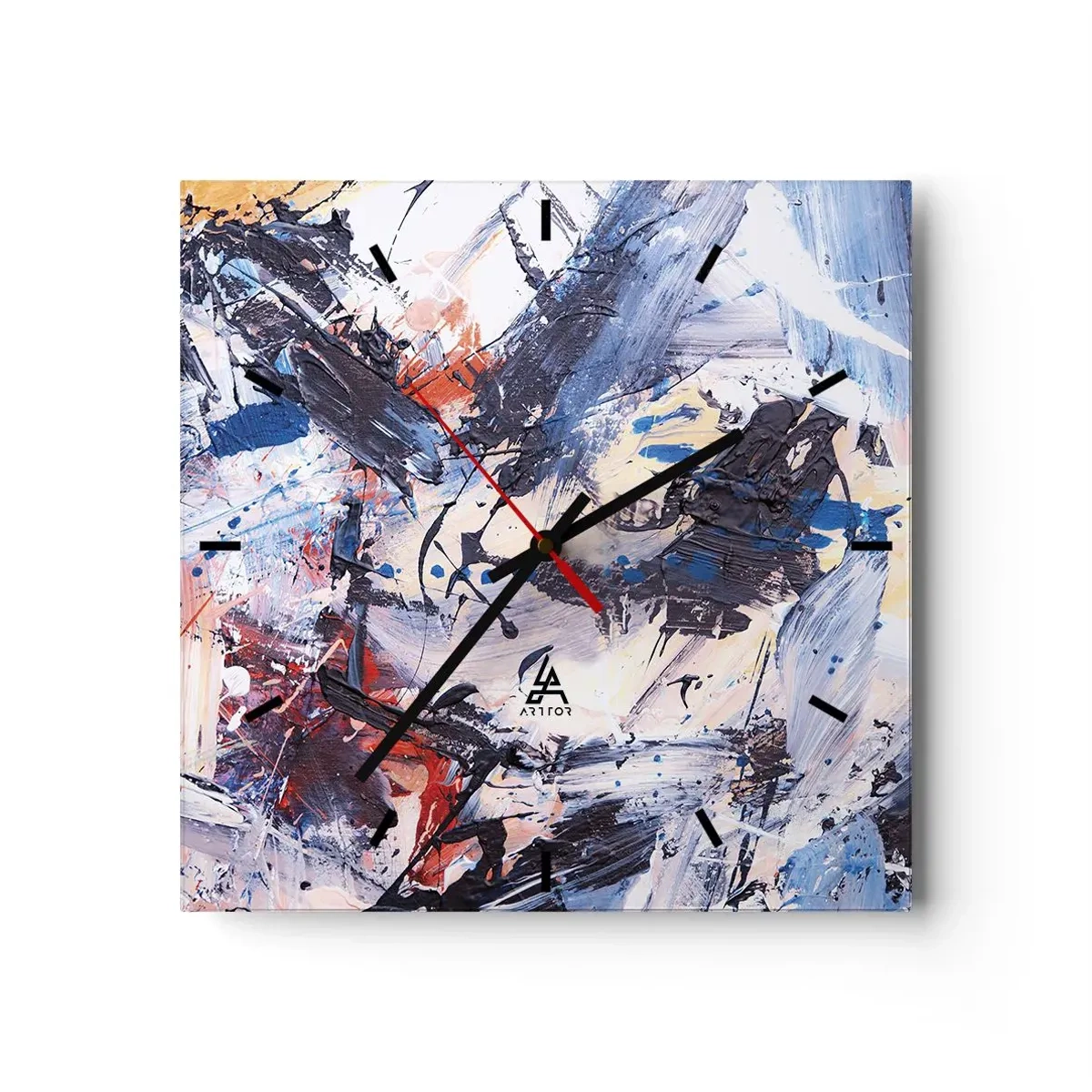 Reloj de pared - Reloj de vidrio - Abstracción con pinceladas dinámicas en azul y rojo. - 30x30cm - Danza loca de la abstracción - Decoración de pared moderna para salón y dormitorio ARTTOR