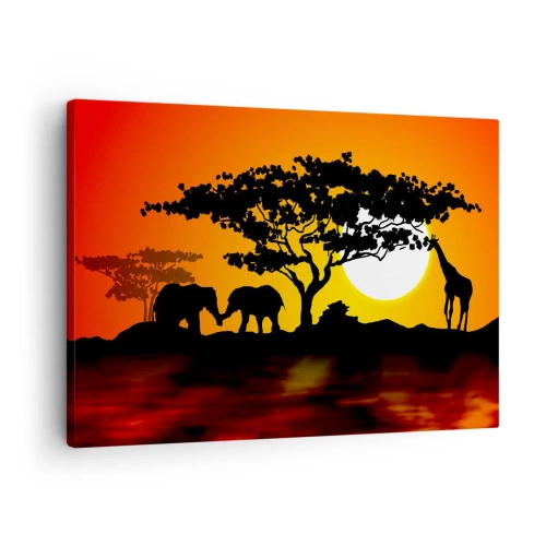 Cuadro sobre lienzo - Impresión de Imagen - Atardecer africano con siluetas de elefantes y jirafas sobre el agua - 70x50cm - Reunión en la sabana - Decoración de pared moderna para salón y dormitorio ARTTOR