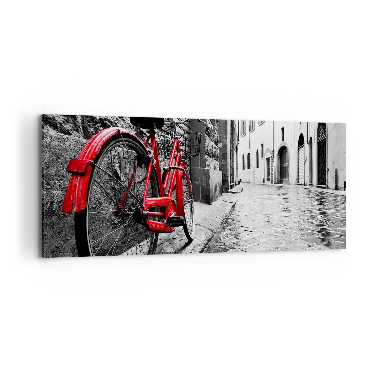 Cuadro sobre lienzo - Impresión de Imagen - Bicicleta roja en una calle en blanco y negro - 120x50cm - La verdadera belleza no envejece - Decoración de pared moderna para salón y dormitorio ARTTOR