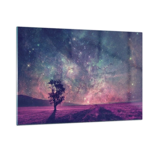Cuadro sobre vidrio - Impresiones sobre Vidrio - Un árbol con el cielo estrellado y una galaxia como telón de fondo. - 120x80cm - Bajo un cielo mágico - Decoración de pared moderna para salón y dormitorio ARTTOR