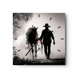 Reloj de pared - Reloj de vidrio - Vaquero con caballo en la niebla de la mañana - 30x30cm - La mañana de Texas - Decoración de pared moderna para salón y dormitorio ARTTOR