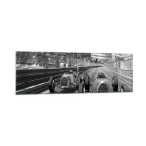 Cuadro sobre vidrio - Impresiones sobre Vidrio - Escena de carrera de coches retro monocromática - 160x50cm - Érase una vez en Montecarlo - Decoración de pared moderna para salón y dormitorio ARTTOR