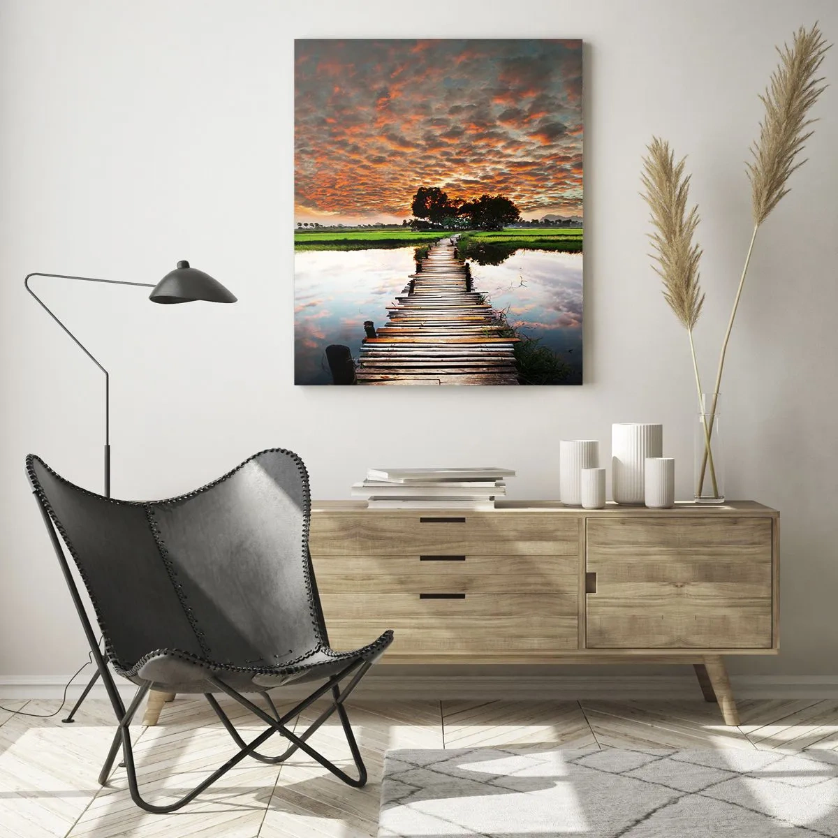 Cuadro sobre vidrio - Impresiones sobre Vidrio - Puente de madera sobre el agua al atardecer - 70x100cm - Extiende tus brazos - respira  - Decoración de pared moderna para salón y dormitorio ARTTOR