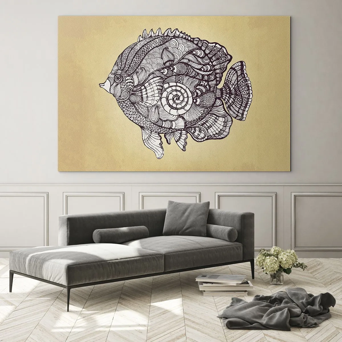 Cuadro sobre vidrio - Impresiones sobre Vidrio - Un pez de dibujos animados con adornos sobre un fondo beige. - 70x50cm - De un océano de ornamentos - Decoración de pared moderna para salón y dormitorio ARTTOR