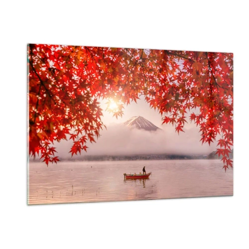 Cuadro sobre vidrio - Impresiones sobre Vidrio - Monte Fuji con un barco en un lago rodeado de hojas rojas - 120x80cm - Estilo japonés - Decoración de pared moderna para salón y dormitorio ARTTOR