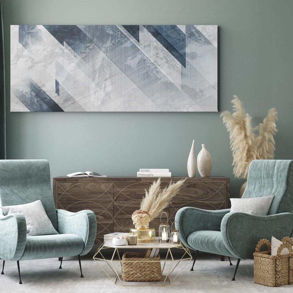 Cuadro sobre lienzo - Impresión de Imagen - Líneas abstractas en tonos grises y azules. - 160x50cm - Composición espacial - movimiento de grises - Decoración de pared moderna para salón y dormitorio ARTTOR