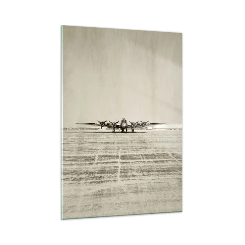Cuadro sobre vidrio - Impresiones sobre Vidrio - Avión histórico en el aeropuerto en estilo sepia. - 50x70cm - Como siempre, preparado - Decoración de pared moderna para salón y dormitorio ARTTOR