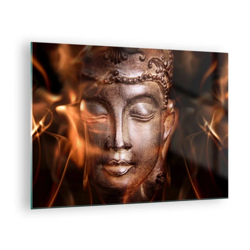 Cuadro sobre vidrio - Impresiones sobre Vidrio - El rostro brumoso de Buda en tonos cálidos de oro y marrón. - 70x50cm - Solo existe el aquí y el ahora - Decoración de pared moderna para salón y dormitorio ARTTOR