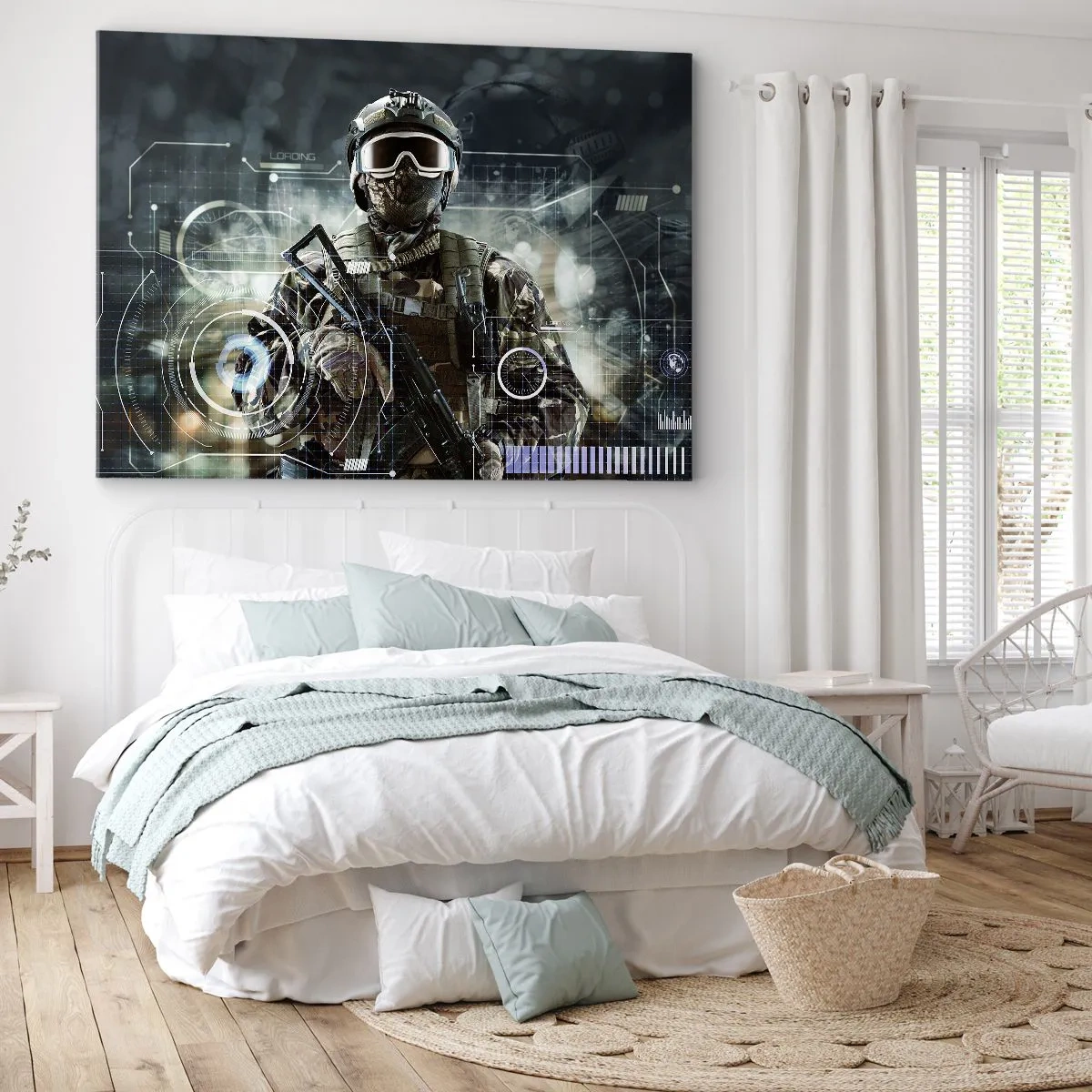 Cuadro sobre lienzo - Impresión de Imagen - Un soldado con un casco futurista y una pistola en un fondo de tecnología. - 70x50cm - De poder a poder - Decoración de pared moderna para salón y dormitorio ARTTOR
