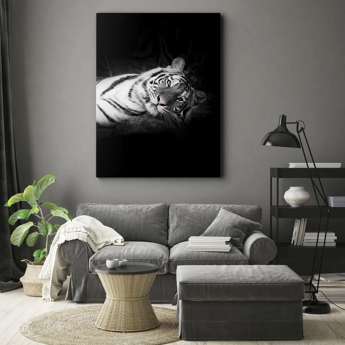 Cuadro sobre lienzo - Impresión de Imagen - Un tigre blanco representado artísticamente sobre un fondo negro. - 80x120cm - Salvaje y tranquilo - Decoración de pared moderna para salón y dormitorio ARTTOR