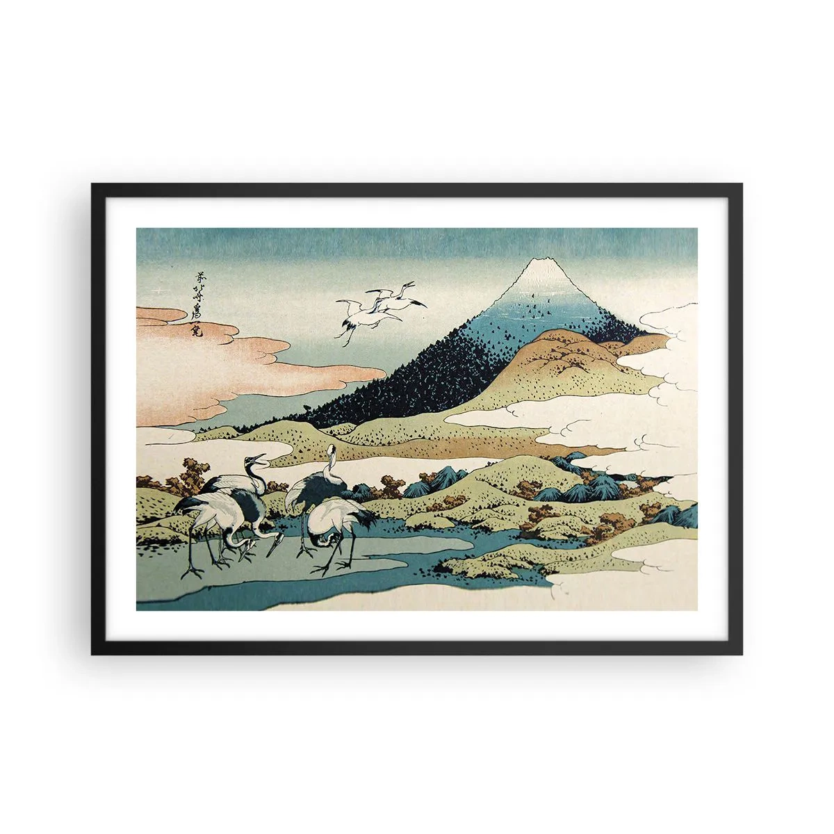 Póster en marco negro - Gráficos tradicionales japoneses con montañas y grúas. - 70x50cm - Alma japonesa - Decoración de pared moderna para salón y dormitorio ARTTOR