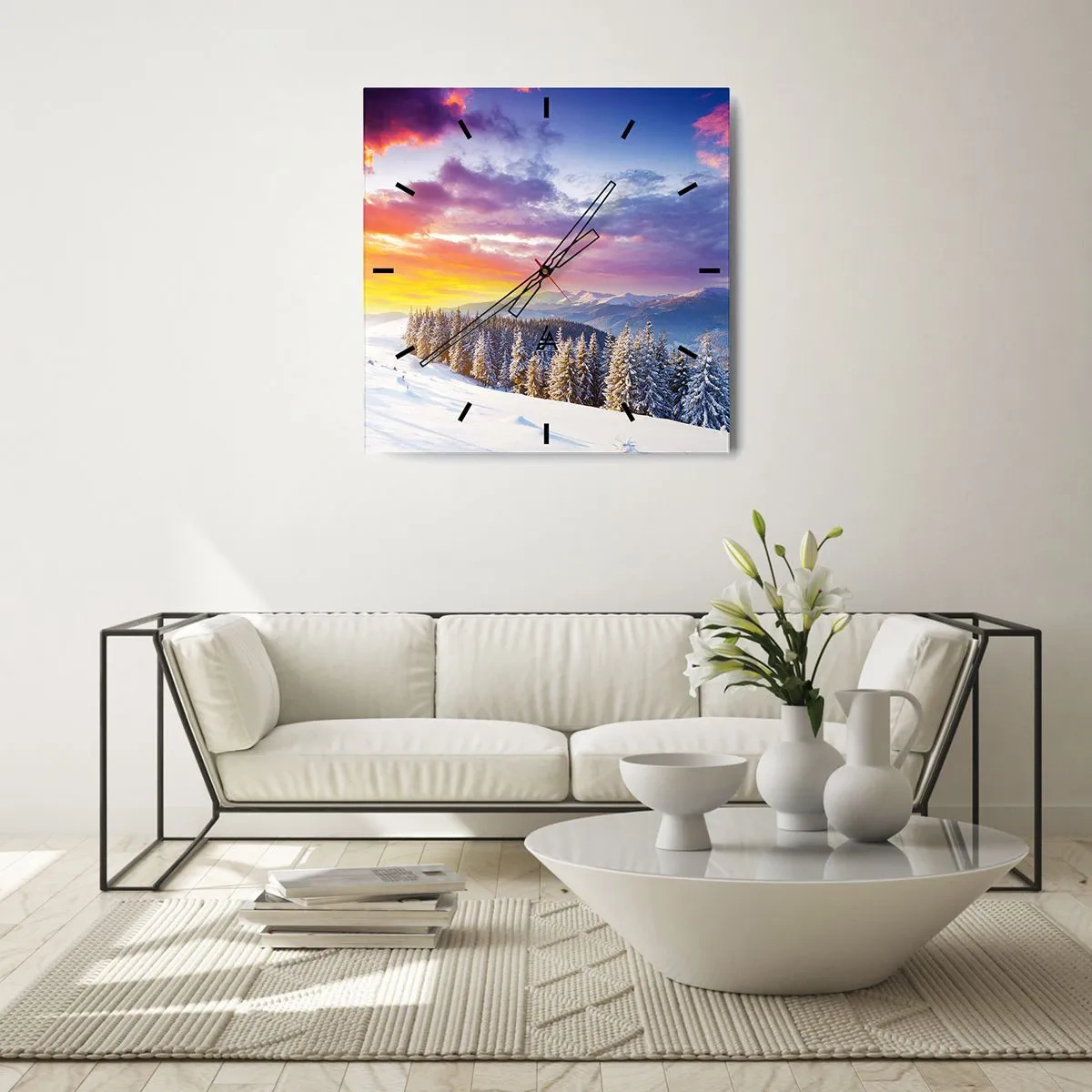 Reloj de pared - Reloj de vidrio - Paisaje invernal con montañas y bosque al atardecer - 30x30cm - Día blanco - Decoración de pared moderna para salón y dormitorio ARTTOR