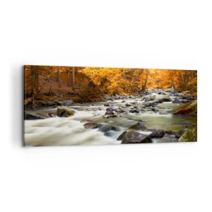 Cuadro sobre lienzo - Impresión de Imagen - Un arroyo en un bosque otoñal rodeado de hojas doradas. - 120x50cm - Un arroyo en un bosque dorado - Decoración de pared moderna para salón y dormitorio ARTTOR