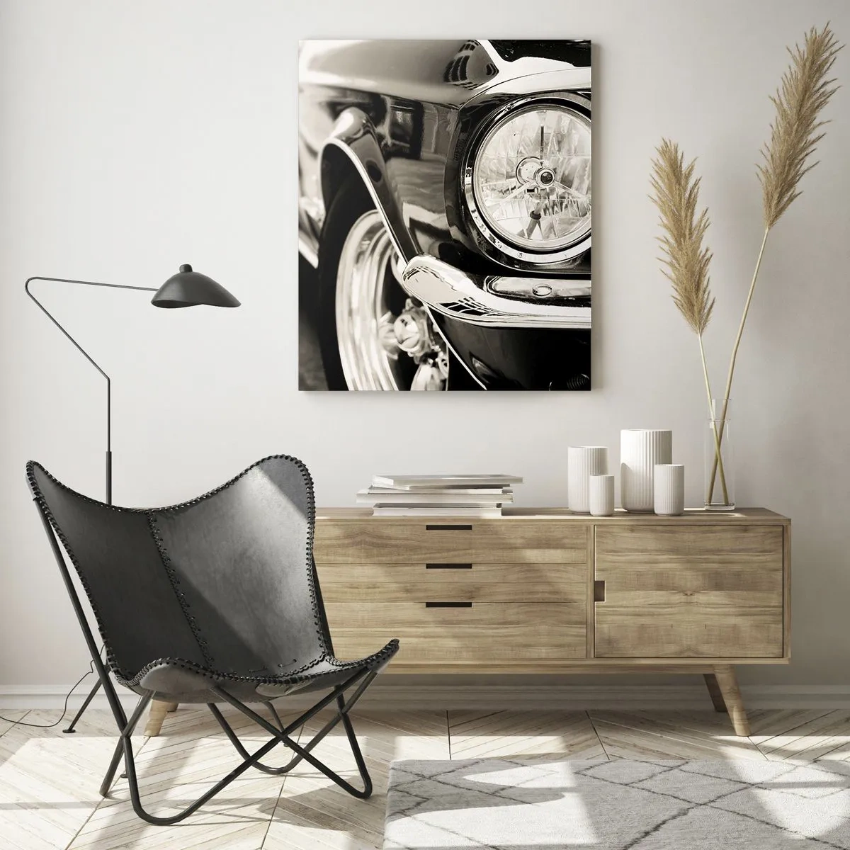 Cuadro sobre vidrio - Impresiones sobre Vidrio - Un coche clásico icónico en elegante blanco y negro. - 70x100cm - Brillo perdurable - Decoración de pared moderna para salón y dormitorio ARTTOR