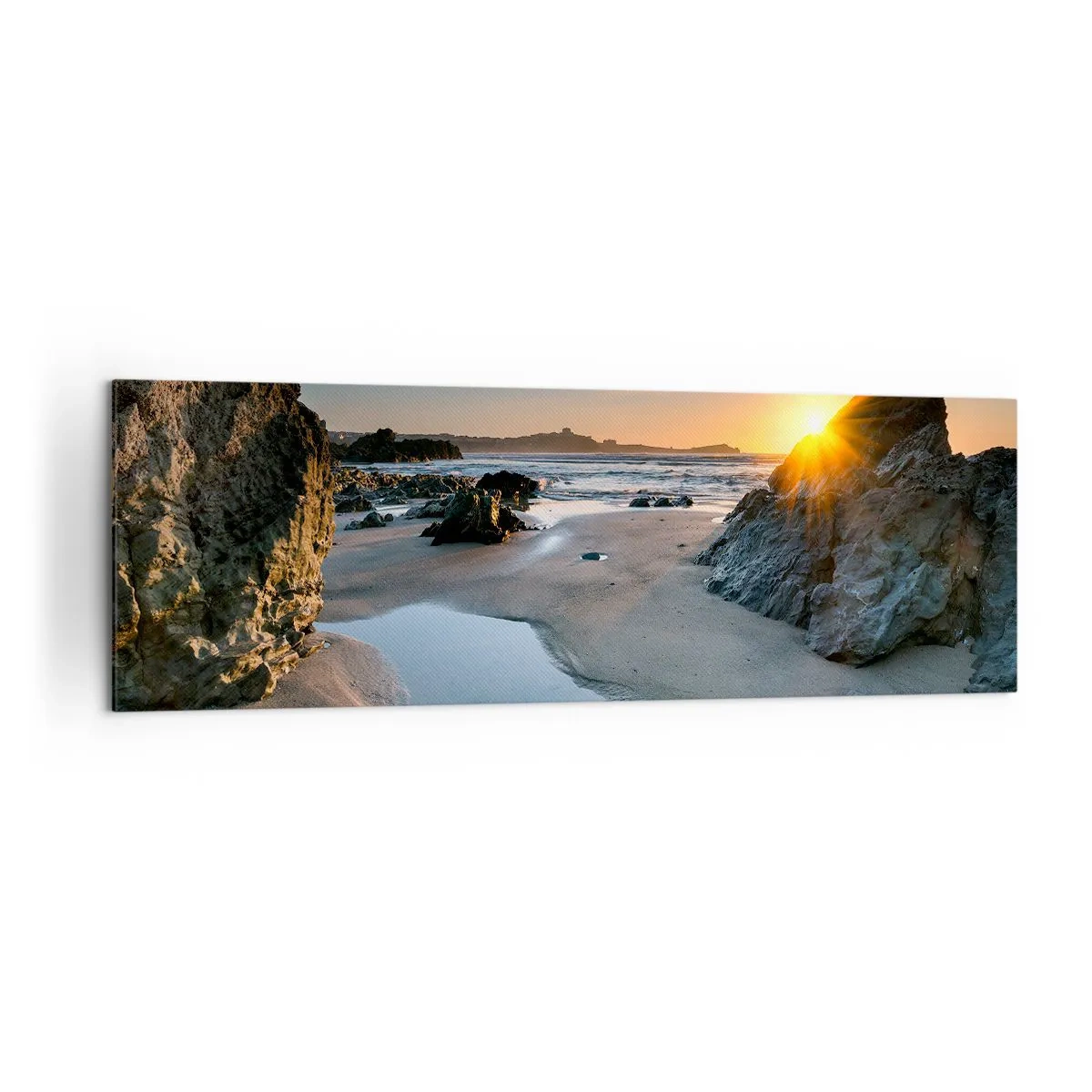 Cuadro sobre lienzo - Impresión de Imagen - Atardecer pintoresco en una playa rocosa - 160x50cm - Sin tocar por la mano del hombre - Decoración de pared moderna para salón y dormitorio ARTTOR