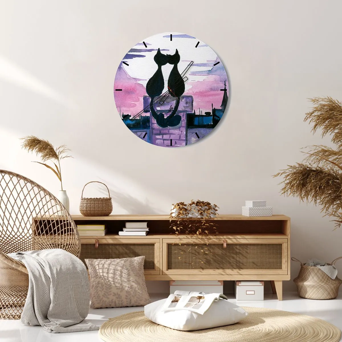 Reloj de pared - Reloj de vidrio - Siluetas de dos gatos contra el cielo rosa - 30x30cm - Cita bajo la luna - Decoración de pared moderna para salón, cocina y dormitorio ARTTOR