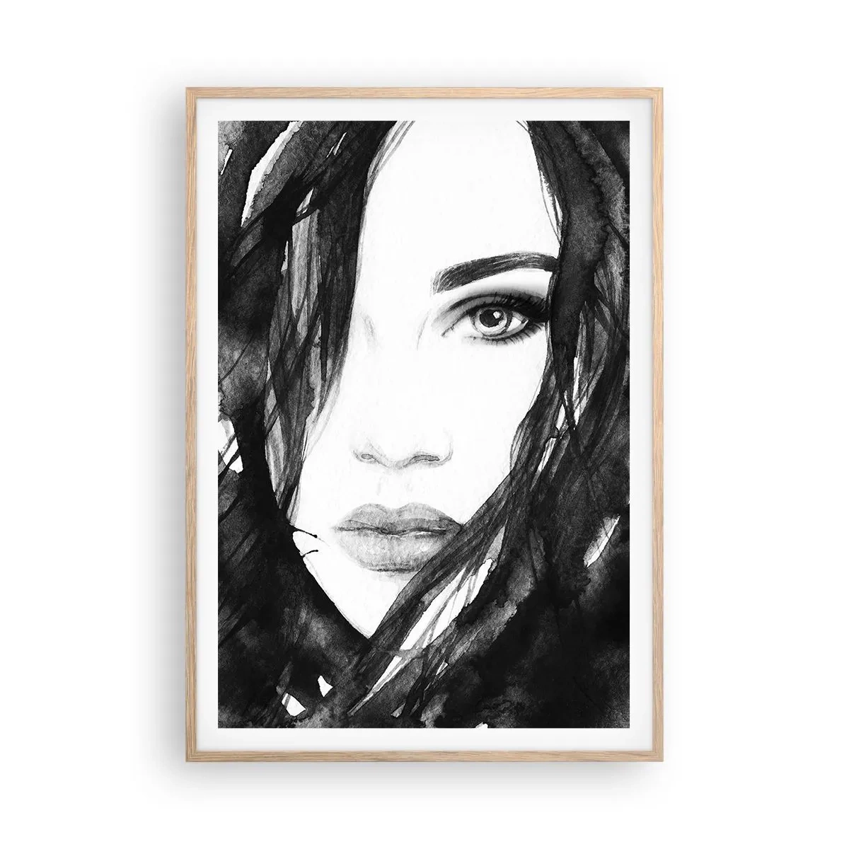 Póster en marco roble claro - Retrato de una dama en blanco y negro - 70x100 cm